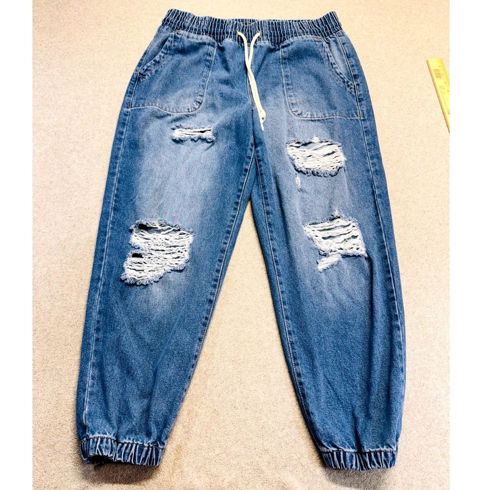 Celebrity Pink Womens 1X Distressed Denim‎ Jogger Jeans Elastic Waist Drawstring